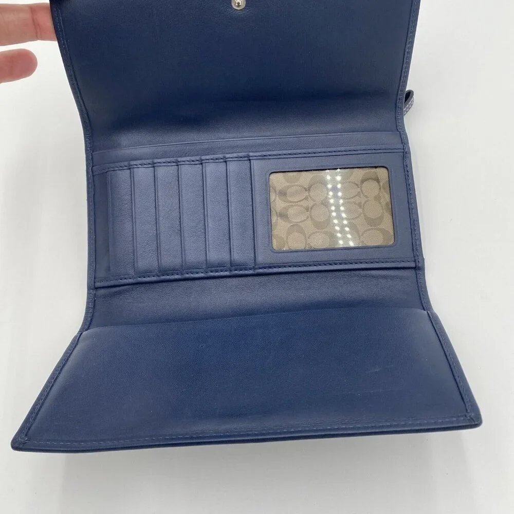 COACH Hamilton leather wallet trifold Nacy Blue Clutch Snap Zipper